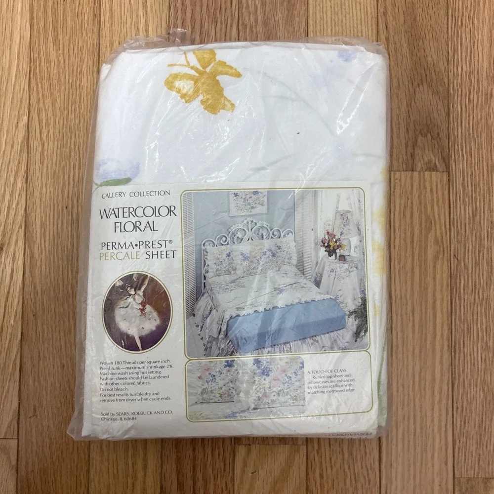 Vintage Sears Gallery Collection Watercolor Floral Flat Percale Full Size New